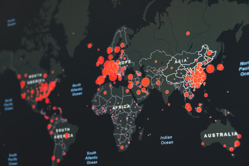 A world map showing COVID-19 hotspots